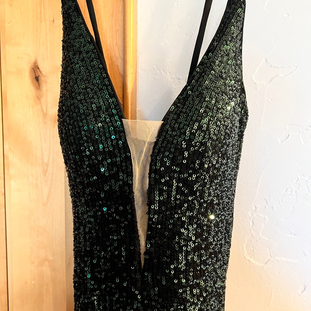 La femme dark emerald sparkly prom dress with slit and strappy back